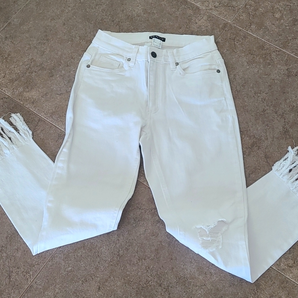VENUS White Distressed Fringe Hem Jeans